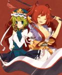  :t blue_eyes blush breasts cleavage closed_eyes eyes_closed green_hair hair_bobbles hair_ornament hand_on_hip hips large_breasts onozuka_komachi open_mouth pout red_hair redhead rod_of_remorse scythe shikieiki_yamaxanadu short_hair sweatdrop touhou twintails weapon yuyupo 