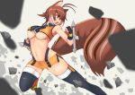  antenna_hair black_legwear blazblue breasts brown_hair fighting_stance makoto_nanaya midriff miniskirt navel open_mouth red_eyes shiro-inu short_hair skirt solo squirrel_ears squirrel_tail tail thighhighs tonfa under_boob underboob weapon zettai_ryouiki 