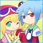  1boy 1girl ahoge amitie blonde_hair blue_eyes blue_hair expressionless flat_gaze green_eyes hat heterochromia holding_hands insect komeichou-69 ladybug official_style puyopuyo puyopuyo_fever red_eyes shirt short_hair sig smile wink yellow_background 
