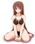  azumaya_hironaru barefoot bikini brown_eyes brown_hair deed hairband long_hair lyrical_nanoha mahou_shoujo_lyrical_nanoha numbers_(nanoha) sitting solo swimsuit v_arms wariza 