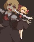  1girl :d blonde_hair fang hair_ribbon open_mouth outstretched_arms red_eyes ribbon rumia short_hair skirt smile solo touhou wino 