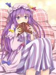  blush book covering covering_face covering_mouth crescent dress efe face hat madoka_runes patchouli_knowledge pillow purple_dress purple_eyes purple_hair runes sitting solo touhou violet_eyes 