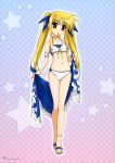  anklet artist_request bikini blonde_hair fate_testarossa highres jewelry legs long_hair lyrical_nanoha mahou_shoujo_lyrical_nanoha mahou_shoujo_lyrical_nanoha_the_movie_1st mouth_hold official_art red_eyes sarong star swimsuit thigh_gap twintails 