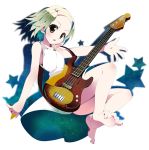  bare_legs bare_shoulders barefoot blonde_hair copyright_request dress electric_guitar feet forehead green_eyes guitar highres instrument shadow short_hair sleeveless solo star sundress tomato_kandume 