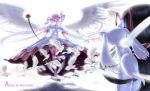  angel_wings bird black_hair boots bow_(weapon) closed_eyes dove english eyes_closed feathers from_behind goddess_madoka highres kaname_madoka kyubey light lips long_hair mahou_shoujo_madoka_magica pink_hair rail_(silverbow) ribbon spoilers thigh-highs thigh_boots thighhighs twintails ultimate_madoka very_long_hair weapon wings 