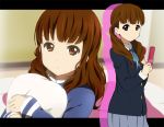  brown_eyes brown_hair cellphone extra hair_down hatasuke jacket k-on! long_hair phone pillow pillow_hug school_uniform solo track_jacket twintails wakaouji_ichigo 