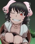  animal_ears bakuya black_hair bucket bunny_ears cosplay face flat_chest girl_in_bucket grin highres in_bucket in_container inaba_tewi kisume kisume_(cosplay) red_eyes short_hair smile solo too_bad!_it_was_just_me! touhou translated wig wink 