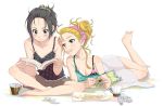  bare_legs bare_shoulders barefoot black_eyes black_hair blonde_hair blush book candy caup coffee cup down_blouse forehead green_eyes hair_up holding holding_book hoshii_miki idolmaster indian_style kikuchi_makoto lying mouth_hold multiple_girls on_stomach potato_chips reading short_hair shorts sitting skirt snack snacks strap_slip tank_top yachiwo 