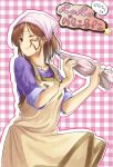  :q baking brown_eyes brown_hair chocolate cooking cream food food_on_face head_scarf highres original short_hair sleeves_rolled_up solo star tongue wink yoropa 