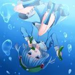  backpack bag bloomers blue_eyes blue_hair blush boots cucumber hair_bobbles hair_ornament hat highres kawashiro_nitori mei1225 randoseru short_hair solo touhou twintails underwater 