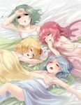  amachi_osamu antennae bare_shoulders blanket blonde_hair blue_eyes blue_hair camisole cirno closed_eyes eyes_closed green_hair highres lying multiple_girls mystia_lorelei pink_hair rumia short_hair sleeping sleepy strap_slip stuffed_toy team_9 touhou underwear underwear_only wings wriggle_nightbug youkai 