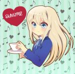  1girl blonde_hair blue_eyes blush character_name cup k-on! long_hair masuyama_kei saitou_sumire saucer school_uniform smile solo tea teacup 