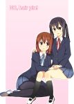  2girls black_eyes black_hair blush brown_eyes brown_hair female hand_holding hand_on_shoulder happy hirasawa_yui hug k-on! kneeling leg_grab long_hair love multiple_girls nakano_azusa pantyhose school_uniform shoes short_hair sitting skirt smile twintails yoshida_project yuri 