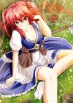 belt breasts campbell_(pixiv) cleavage footwear grass hair_bobbles hair_ornament no_shoes onozuka_komachi red_eyes red_hair redhead sandals scythe sitting skirt smile socks solo touhou tree twintails white_legwear 