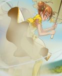  2girls ass brown_hair closed_eyes dokidoki!_precure double_bun haruyama hishikawa_rikka multiple_girls panties pantyhose precure short_hair umbrella underwear wind wind_lift yellow_legwear yotsuba_alice 