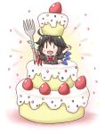  aonagi_ibane asymmetrical_wings black_hair cake chibi drooling fang food fork fruit girl_in_food highres houjuu_nue in_food minigirl open_mouth solo strawberry touhou wings |_| 
