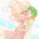  blonde_hair closed_eyes colored_eyebrows colored_eyelashes dress earrings eyelashes eyes_closed green_hair hand_on_cheek hands_on_another's_cheeks hands_on_another's_face hug jewelry kurage long_hair macross macross_frontier multiple_girls open_mouth ranka_lee sheryl_nome short_hair smile yuri 