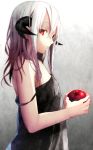  1girl apple bare_shoulders black_dress dress food fruit holding holding_fruit horn long_hair original red_eyes shirotaka_(5choume) silver_hair solo 