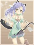  blush boots brown_eyes cat_ears cat_tail collarbone cooking francis_(ohne) frying frying_pan hair_ornament long_hair odette_(rune_factory) open_mouth ponytail purple_hair rune_factory rune_factory_oceans solo spatula sweatdrop tail 