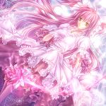  bad_id bow_(weapon) choker dress dutch_angle flower frills gloves glowing goddess_madoka hand_on_own_chest hand_to_chest kaname_madoka klenow long_hair mahou_shoujo_madoka_magica pink_hair pink_rose puffy_sleeves rose solo twintails ultimate_madoka weapon white_dress white_gloves yellow_eyes 