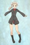  1girl animal_ears blonde_hair blue_eyes full_body long_hair looking_at_viewer martina_crespi military military_uniform oi_ke open_mouth outstretched_arms side_ponytail smile solo strike_witches uniform 