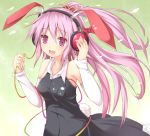  :d alternate_costume animal_ears arms_up bad_id bare_shoulders black_dress blush bunny_ears bunny_tail bust contemporary detached_sleeves digital_media_player dress efe face hair_ribbon headphones listening_to_music long_hair open_mouth pink_eyes pink_hair ponytail purple_eyes purple_hair reisen_udongein_inaba ribbon smile solo tail touhou under_clothes violet_eyes 