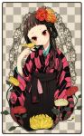  bird checkered checkered_background flower hair_flower hair_ornament helmet_(musco2) hime_cut japanese_clothes kimono musco original solo yagasuri 