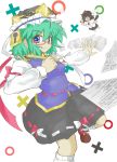  2girls bespectacled black_hair blue_eyes brush calligraphy_brush camera chibi closed_eyes eyes_closed glasses green_hair hat ink multiple_girls open_mouth paintbrush paper shameimaru_aya shikieiki_yamaxanadu short_hair skirt smile tokko_ripua touhou 