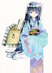  black_hair blue_eyes box flower hair_flower hair_ornament hands_together japanese_clothes kimono long_hair paint_(medium) rune_factory sleeves_past_wrists smile solo traditional_media yue_(rune_factory) 