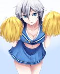  1girl anastasia_(idolmaster) blue_eyes cheerleader hiba_(p-p-purin) idolmaster idolmaster_cinderella_girls midriff navel pom_poms short_hair silver_hair solo 