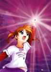  absurdres blue_eyes brown_hair casual highres lyrical_nanoha mahou_shoujo_lyrical_nanoha mahou_shoujo_lyrical_nanoha_the_movie_1st purple_eyes raising_heart solo takamachi_nanoha twintails 