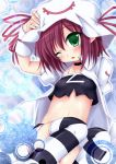  bow choker facial_mark green_eyes hat merry_nightmare midriff navel pointy_ears purple_hair ribbon short_hair solo striped striped_legwear thigh-highs thighhighs tougo wink yumekui_merry 