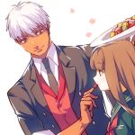  1boy 1girl archer brown_eyes brown_hair dark_skin fate/extra_ccc fate_(series) female_protagonist_(fate/extra) formal kin_mokusei macaron suit white_hair 