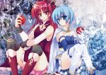  apple bare_shoulders blue_eyes blue_hair boots cape detached_sleeves food fruit gloves hair_ornament hairclip heart holding holding_apple holding_fruit kiseri_momo long_hair mahou_shoujo_madoka_magica miki_sayaka multiple_girls ponytail red_eyes red_hair redhead sakura_kyouko short_hair sitting thigh-highs thighhighs white_gloves 