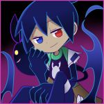  1boy black_background black_hair black_sig blue_eyes gradient gradient_background heterochromia komeichou-69 male official_style pants purple_background puyopuyo puyopuyo_fever red_eyes shirt sig sitting smile solo 