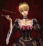  bad_id bangs beatrice blue_eyes blunt_bangs bow breasts choker cleavage implants jiro_(ninetysix) kiseru large_breasts pipe realistic smile solo umineko_no_naku_koro_ni 