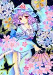  bad_id butterfly cherry_blossoms fan folding_fan funnyfunny hat japanese_clothes kimono marker_(medium) pink_hair red_eyes saigyouji_yuyuko solo touhou traditional_media triangular_headpiece wide_sleeves 