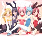  adapted_costume akemi_homura all_fours alternate_costume animal_ears annoyed bare_shoulders bent_over black_hair black_legwear black_thighhighs blonde_hair blue_eyes blue_hair blush bowtie breast breasts bunny_ears bunnysuit cleavage detached_collar detached_sleeves drill_hair grin hair_bow hair_ornament hairband hairclip hattori_(junoct2000) hattori_(pixiv) high_heels highres kaname_madoka kyuubee large_breasts leaning_forward long_hair looking_at_viewer mahou_shoujo_madoka_magica mary_janes miki_sayaka mouth_hold multiple_girls pantyhose pink_eyes pink_hair pocky ponytail purple_eyes red_eyes red_hair redhead sakura_kyouko shoes short_hair short_twintails sitting smile thigh-highs thighhighs tomoe_mami twin_drills twintails violet_eyes white_legwear white_thighhighs wink wrist_collar wrist_cuffs yellow_eyes 