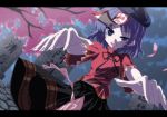  blue_eyes blue_hair bow cherry_blossoms fang fingernails geung_si graveyard hat isa isatessyu jiangshi letterboxed long_fingernails miyako_yoshika ofuda outstretched_arms pale_skin ribbon skirt solo tombstone touhou zombie_pose 