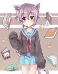  book cardigan cat_ears cat_tail fine_(artist) grey_hair nagato_yuki school_uniform serafuku short_hair sleeves_past_wrists suzumiya_haruhi_no_yuuutsu tail 