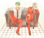  2boys ag_ss41 couch earrings fate/apocrypha fate_(series) formal green_eyes green_hair jewelry lancer_of_red multiple_boys necktie rider_of_red suit white_hair 