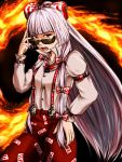  adjusting_glasses amogiri bow fire fujiwara_no_mokou glasses hair_bow hand_on_hip jewelry long_hair looking_at_viewer multicolored_hair necklace solo sunglasses suspenders touhou 