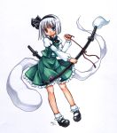  aoilio blue_eyes bob_cut bow flower ghost hair_bow hairband heterochromia hitodama katana konpaku_youmu konpaku_youmu_(ghost) marker_(medium) mary_janes myon red_eyes ribbon scabbard sheath sheathed shoes short_hair silver_hair solo sword tassel touhou traditional_media weapon 