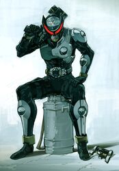  belt gun helmet kamen_rider kamen_rider_birth kamen_rider_ooo_(series) shimoguchi_tomohiro sitting weapon 