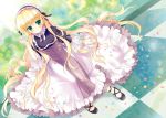  ankle_lace-up blonde_hair blush checkered checkered_floor cross-laced_footwear dutch_angle frills gosick green_eyes lolita_fashion long_hair pipe sitting star very_long_hair victorica_de_blois 