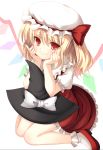  ascot bare_legs blonde_hair blush bobby_socks chin_rest flandre_scarlet hands_on_face hands_on_own_face hat hat_ribbon looking_at_viewer red_eyes ribbon short_hair side_ponytail simple_background sitting smile socks solo the_embodiment_of_scarlet_devil touhou wariza wings witch_hat yukizuki_chikuba 