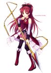  absurdres bad_id chain chains highres long_hair magical_girl mahou_shoujo_madoka_magica pocky polearm ponytail reading red_eyes sakura_kyouko sayori simple_background solo spear thighhighs weapon 