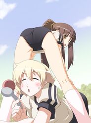  bent_over blonde_hair brown_eyes brown_hair buruma gym_uniform looking_back multiple_girls original osamada_meika sweatdrop 