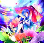  blue_hair colorful flower_field heterochromia kazu_(muchuukai) long_tongue open_mouth psychedelic sitting solo tatara_kogasa tongue touhou ufo umbrella 
