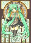  1girl art_nouveau black_legwear bow embellished_costume flower frills funnyfunny hair_bow hair_flower hair_ornament hatsune_miku lace lily_(flower) long_hair marker_(medium) musical_note necktie solo thighhighs traditional_media twintails very_long_hair vocaloid wide_sleeves zettai_ryouiki 